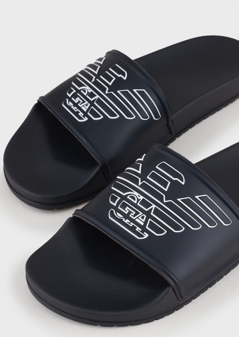 Navy Blue Emporio Armani Pvc Sliders With Oversized, Embossed Eagle | EA-SN57073