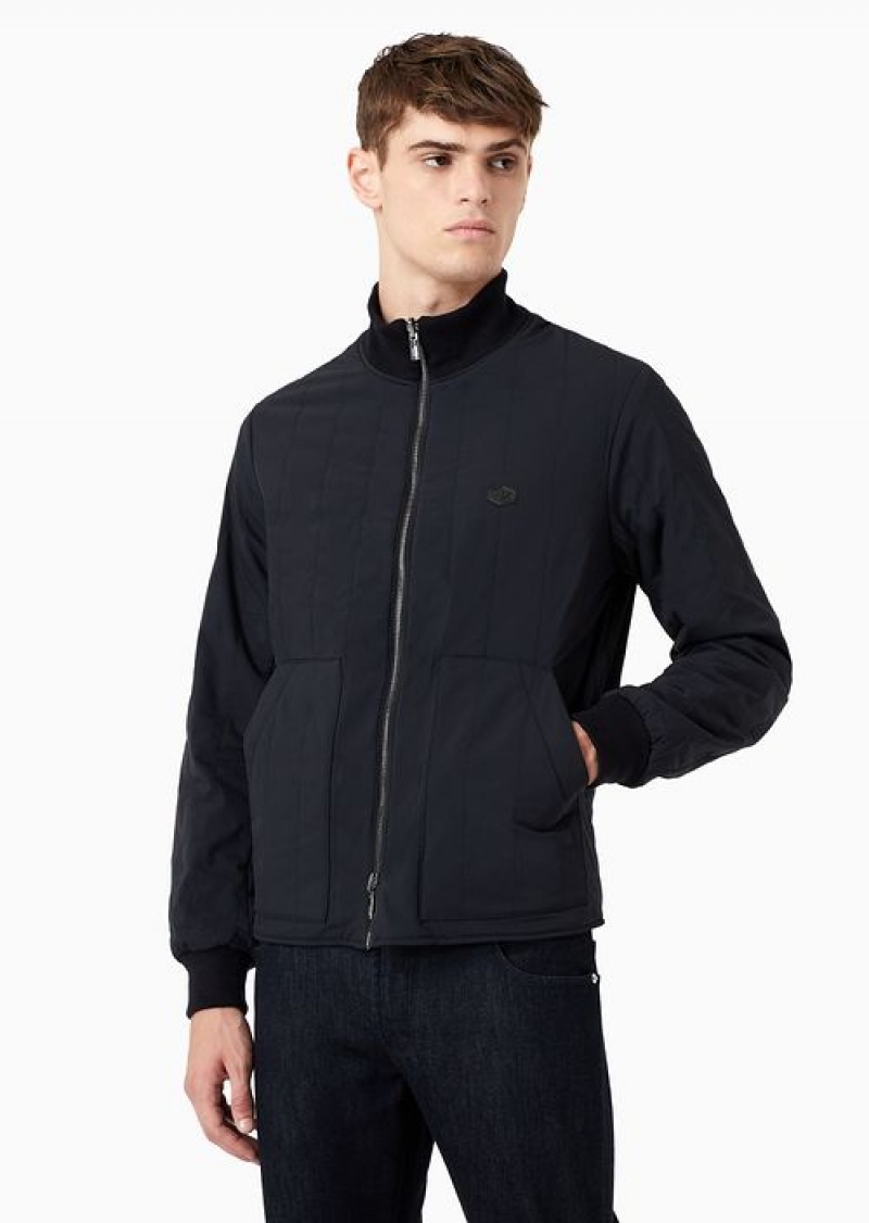 Navy Blue Emporio Armani Quilted Nylon And Knit Reversible Blouson With Logo Patch | EA-SN58254