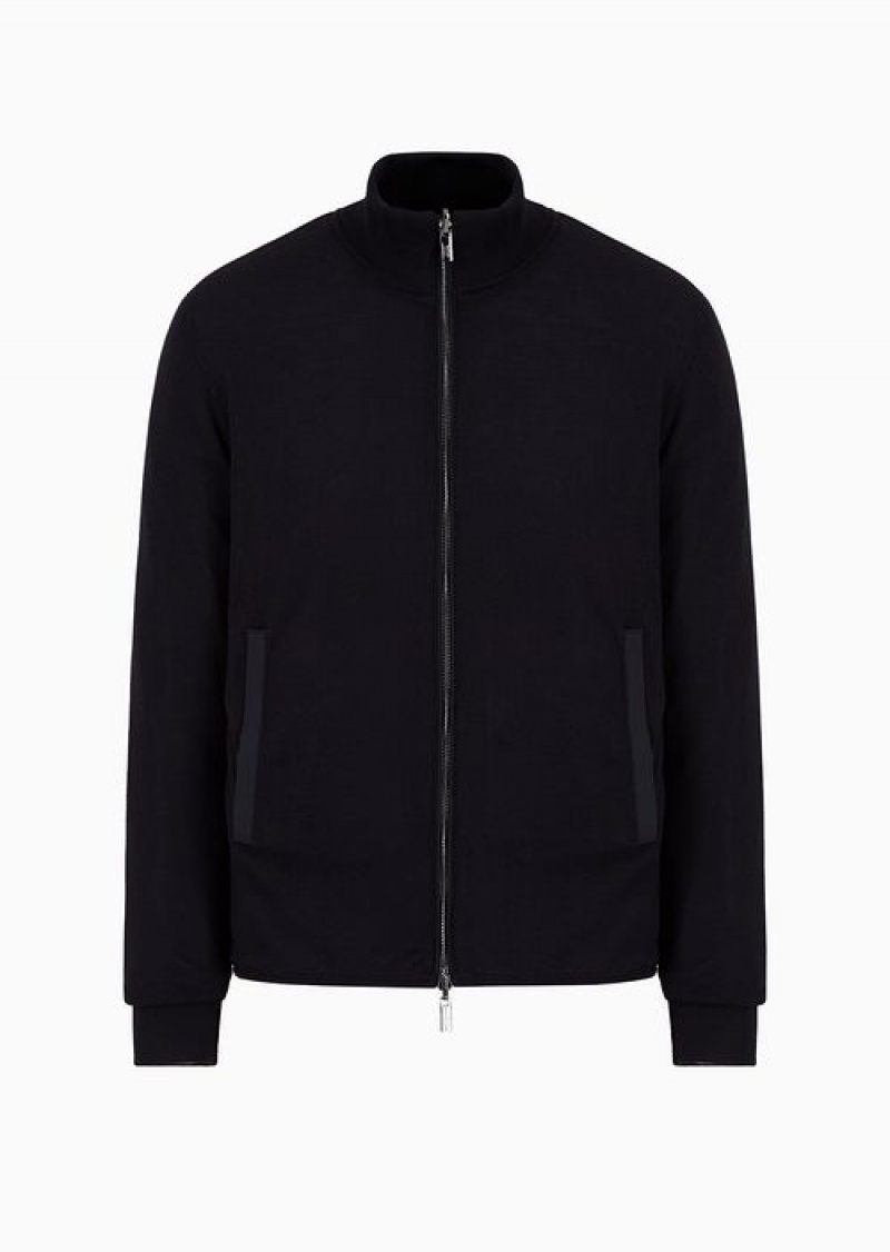 Navy Blue Emporio Armani Quilted Nylon And Knit Reversible Blouson With Logo Patch | EA-SN58254