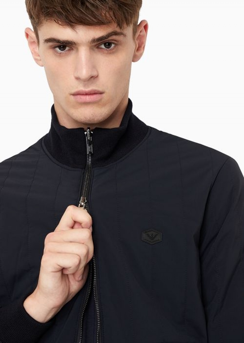 Navy Blue Emporio Armani Quilted Nylon And Knit Reversible Blouson With Logo Patch | EA-SN58254