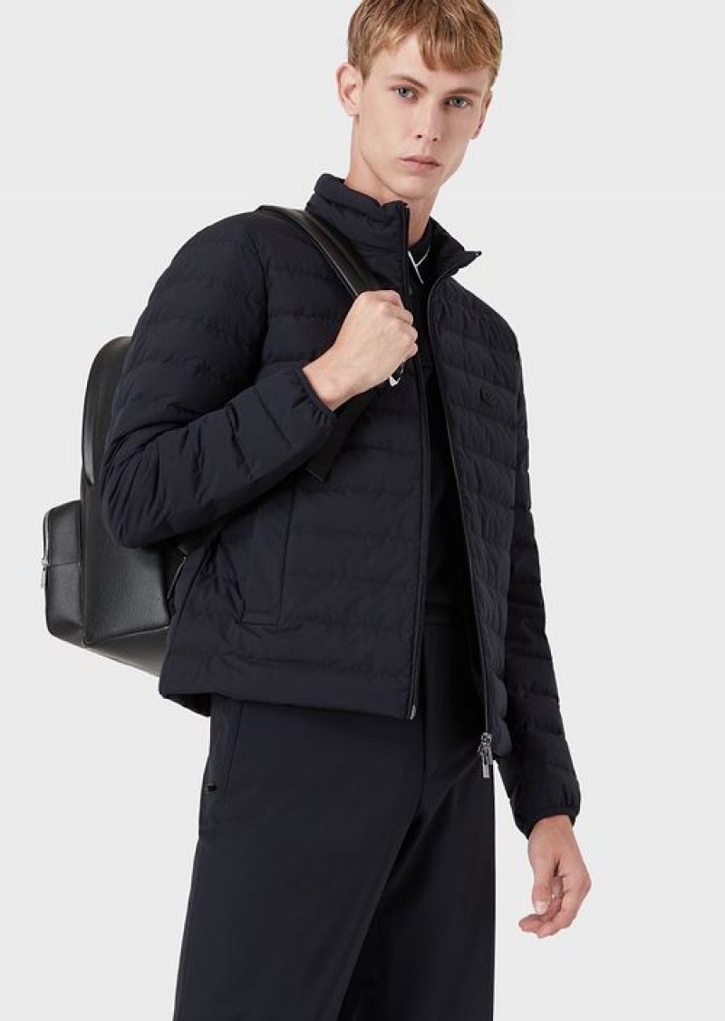 Navy Blue Emporio Armani Quilted Nylon Full-zip Down Jacket With Eagle Logo Patch | EA-SN58245