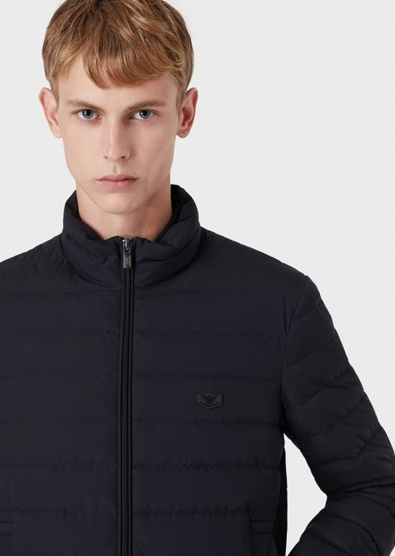 Navy Blue Emporio Armani Quilted Nylon Full-zip Down Jacket With Eagle Logo Patch | EA-SN58245