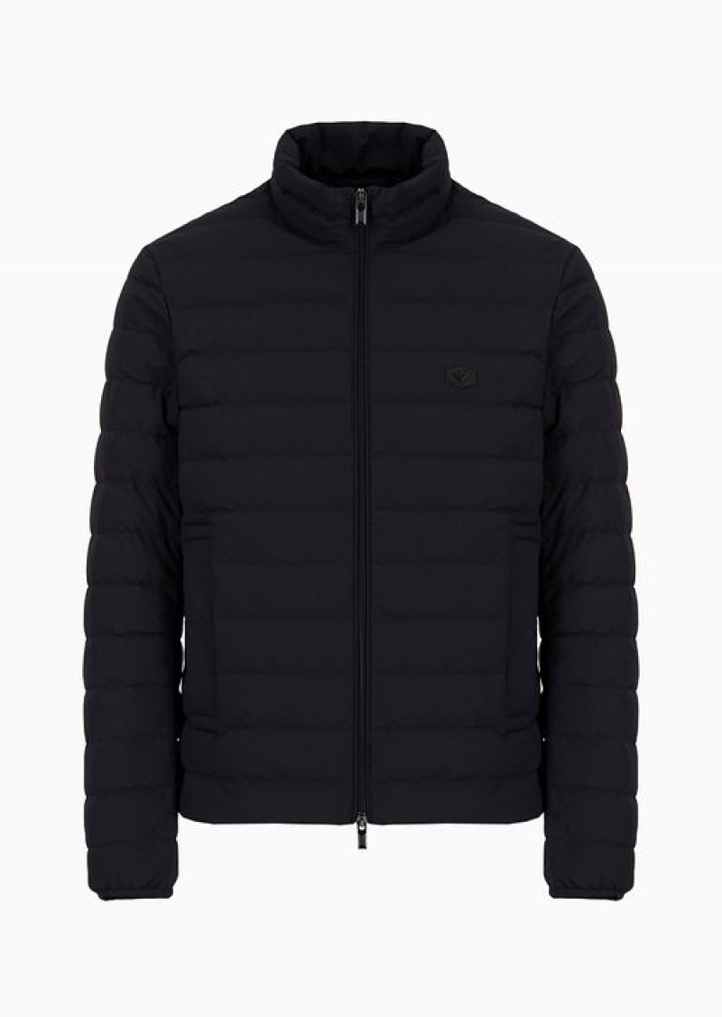 Navy Blue Emporio Armani Quilted Nylon Full-zip Down Jacket With Eagle Logo Patch | EA-SN58245