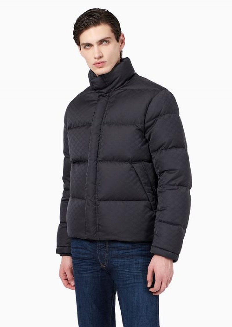 Navy Blue Emporio Armani Quilted Puffer Jacket With All-over Jacquard Eagle | EA-SN58247