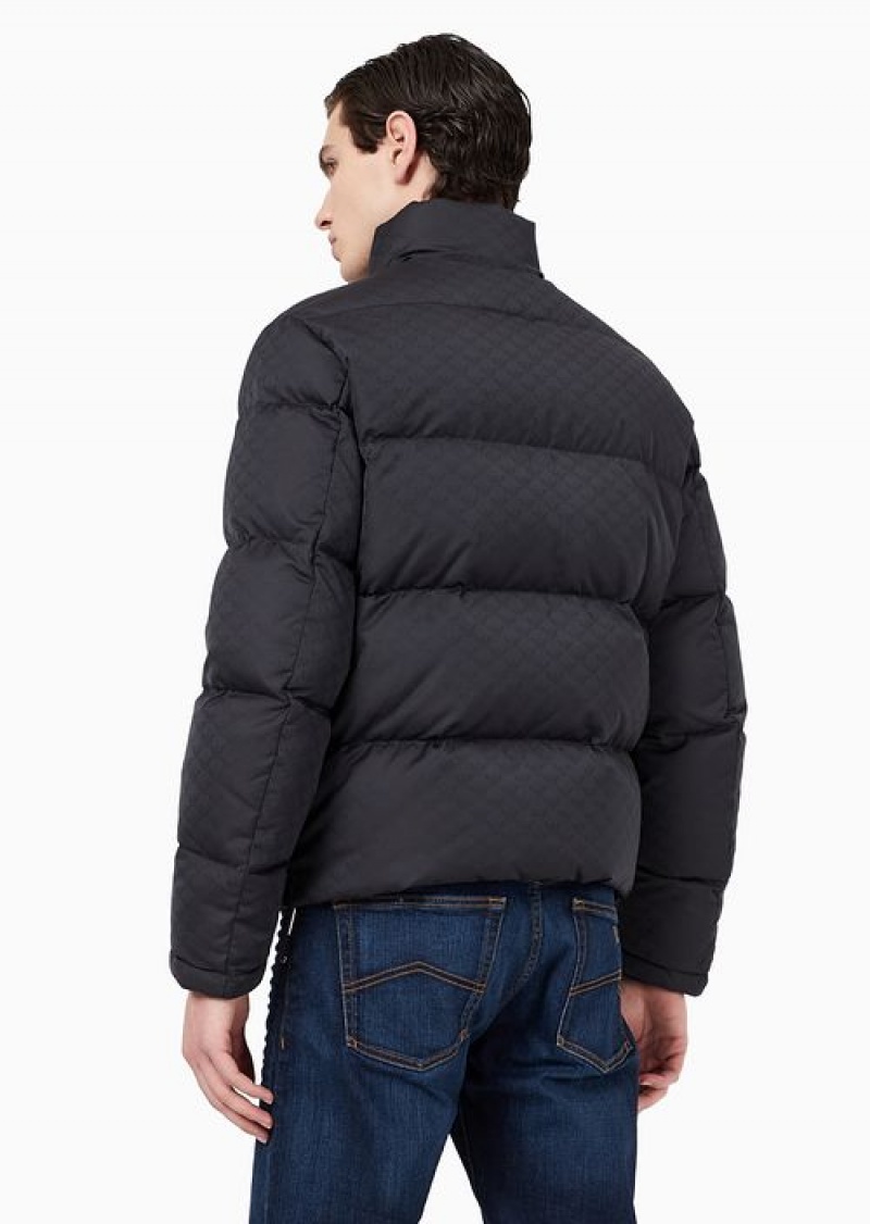 Navy Blue Emporio Armani Quilted Puffer Jacket With All-over Jacquard Eagle | EA-SN58247