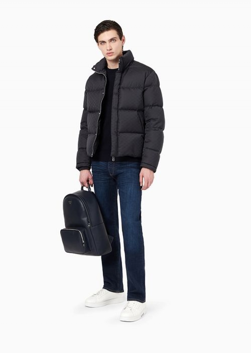 Navy Blue Emporio Armani Quilted Puffer Jacket With All-over Jacquard Eagle | EA-SN58247