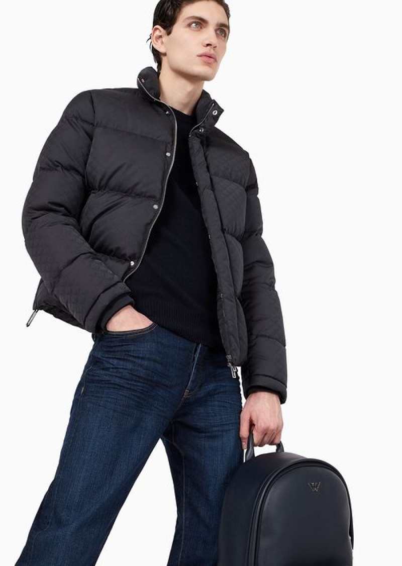 Navy Blue Emporio Armani Quilted Puffer Jacket With All-over Jacquard Eagle | EA-SN58247