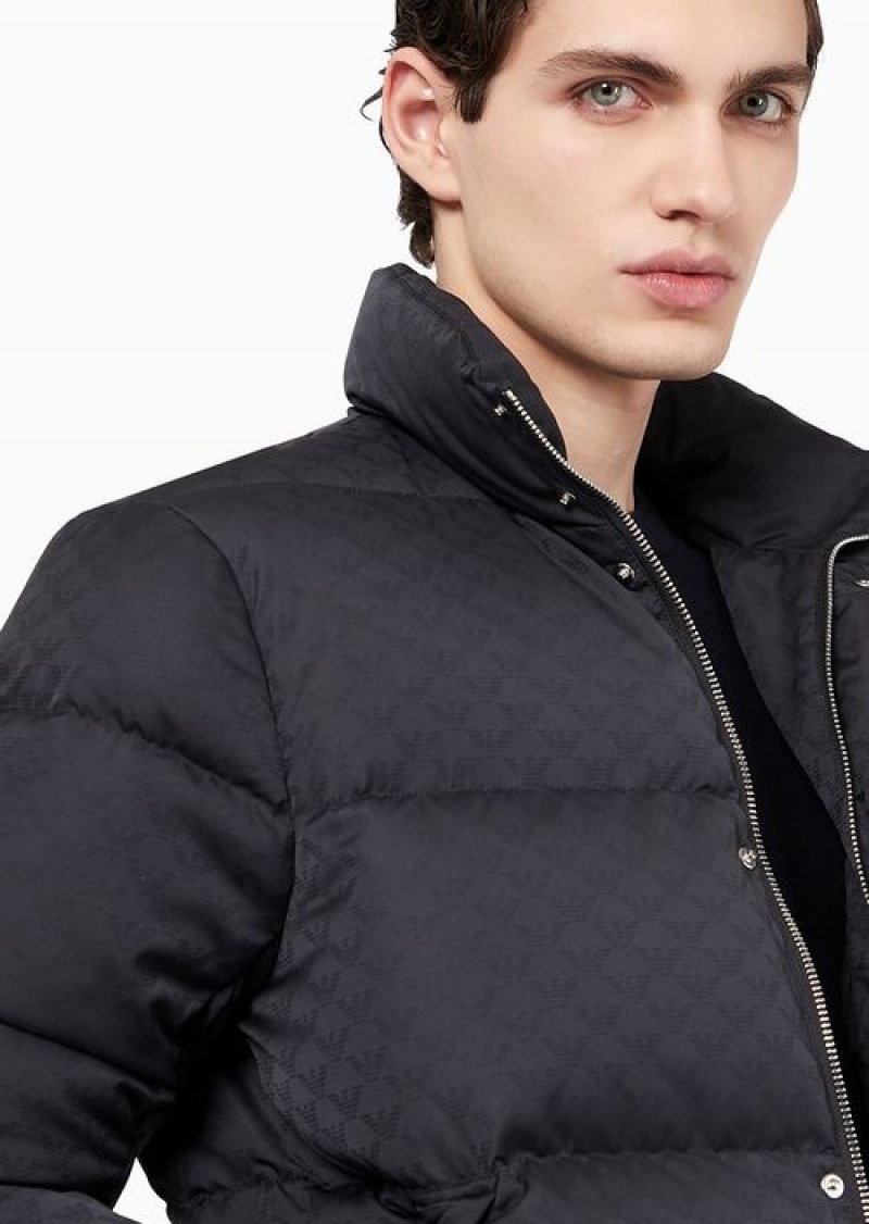 Navy Blue Emporio Armani Quilted Puffer Jacket With All-over Jacquard Eagle | EA-SN58247