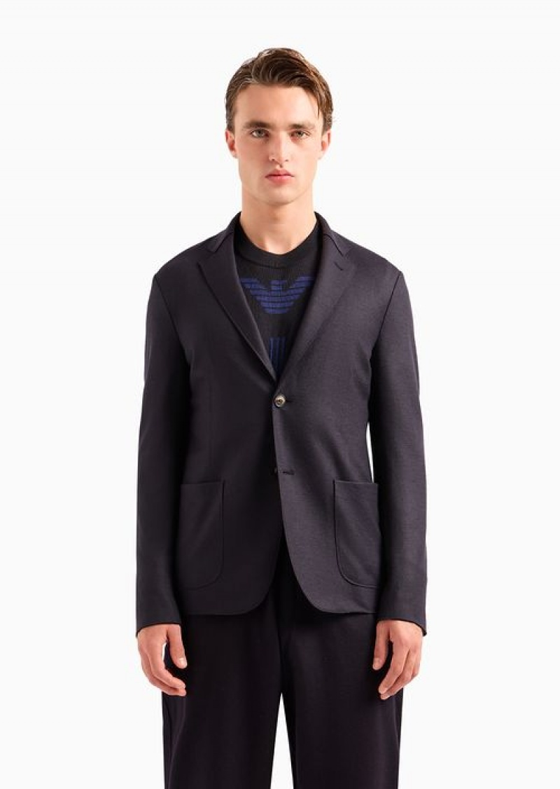 Navy Blue Emporio Armani Raw-cut, Virgin-wool Jersey, Single-breasted Jacket | EA-SN57795