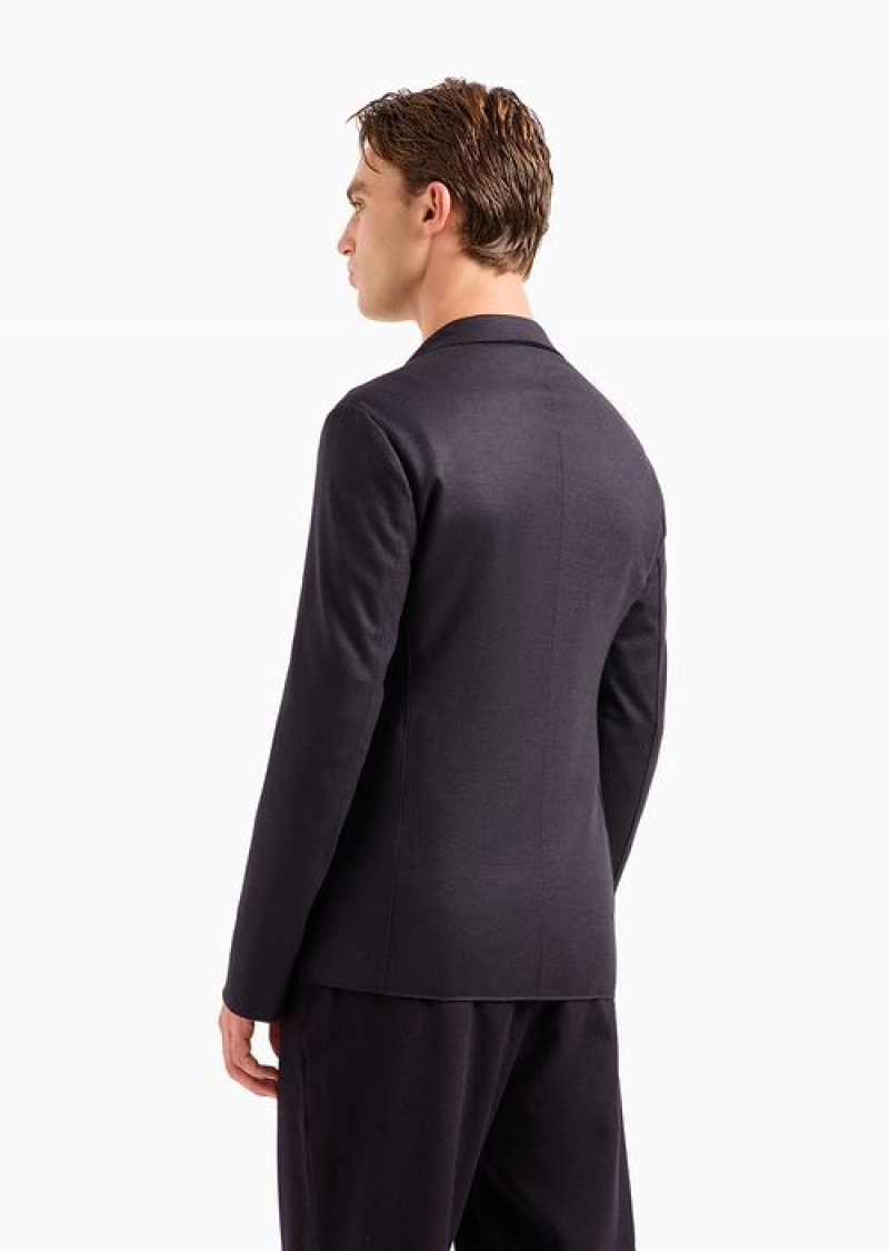 Navy Blue Emporio Armani Raw-cut, Virgin-wool Jersey, Single-breasted Jacket | EA-SN57795