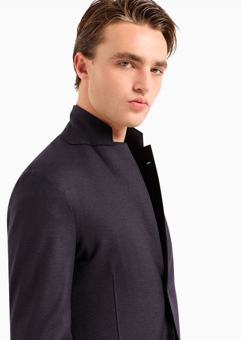 Navy Blue Emporio Armani Raw-cut, Virgin-wool Jersey, Single-breasted Jacket | EA-SN57795