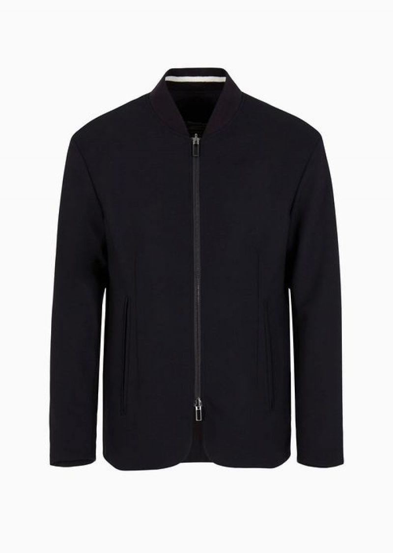 Navy Blue Emporio Armani Reversible Wool-blend Twill Zip-up Jacket | EA-SN57807