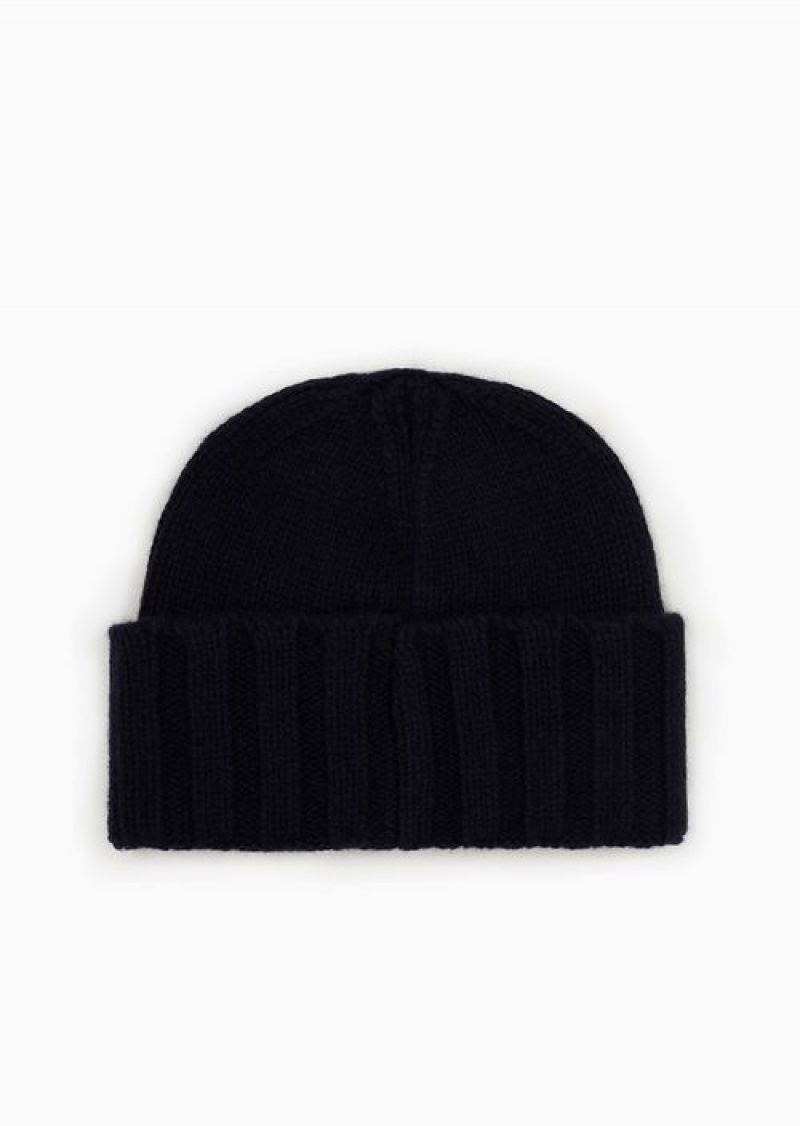 Navy Blue Emporio Armani Ribbed Cashmere Beanie | EA-SN57462