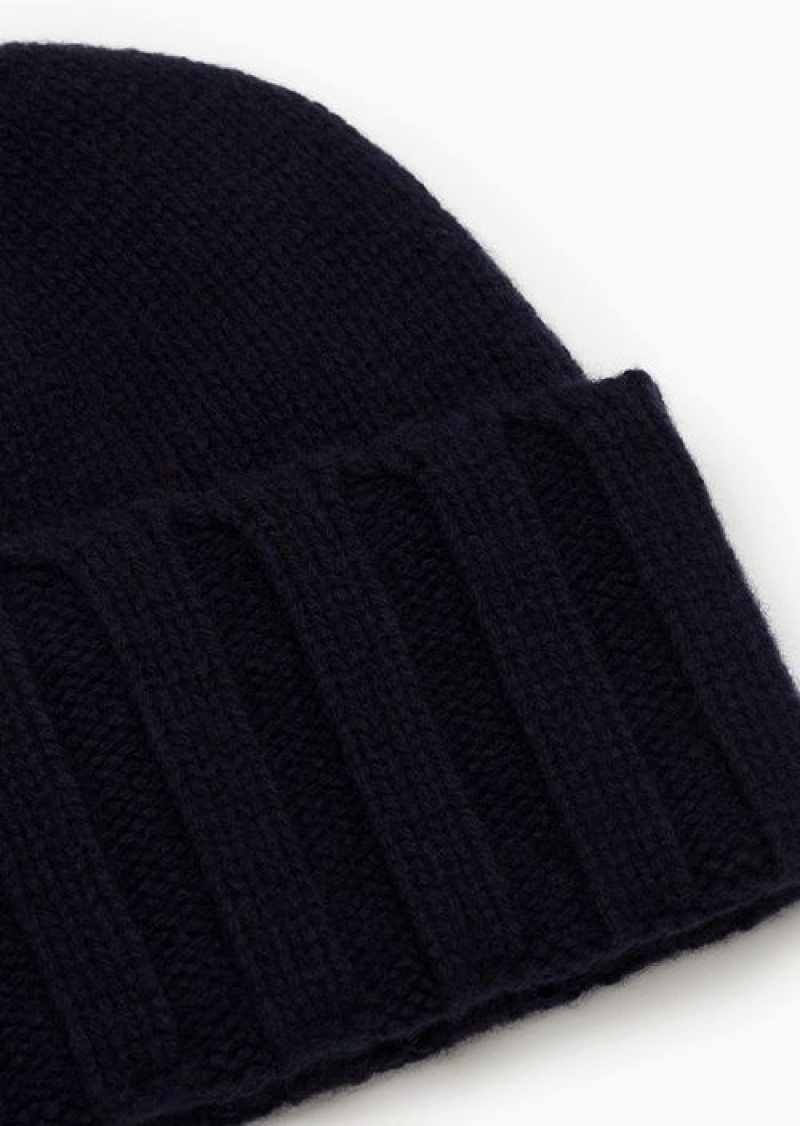 Navy Blue Emporio Armani Ribbed Cashmere Beanie | EA-SN57462