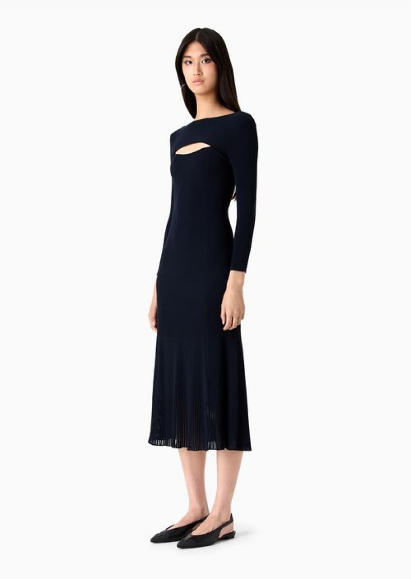 Navy Blue Emporio Armani Rib-knit Long Fishtail Dress With Peephole | EA-SN56507