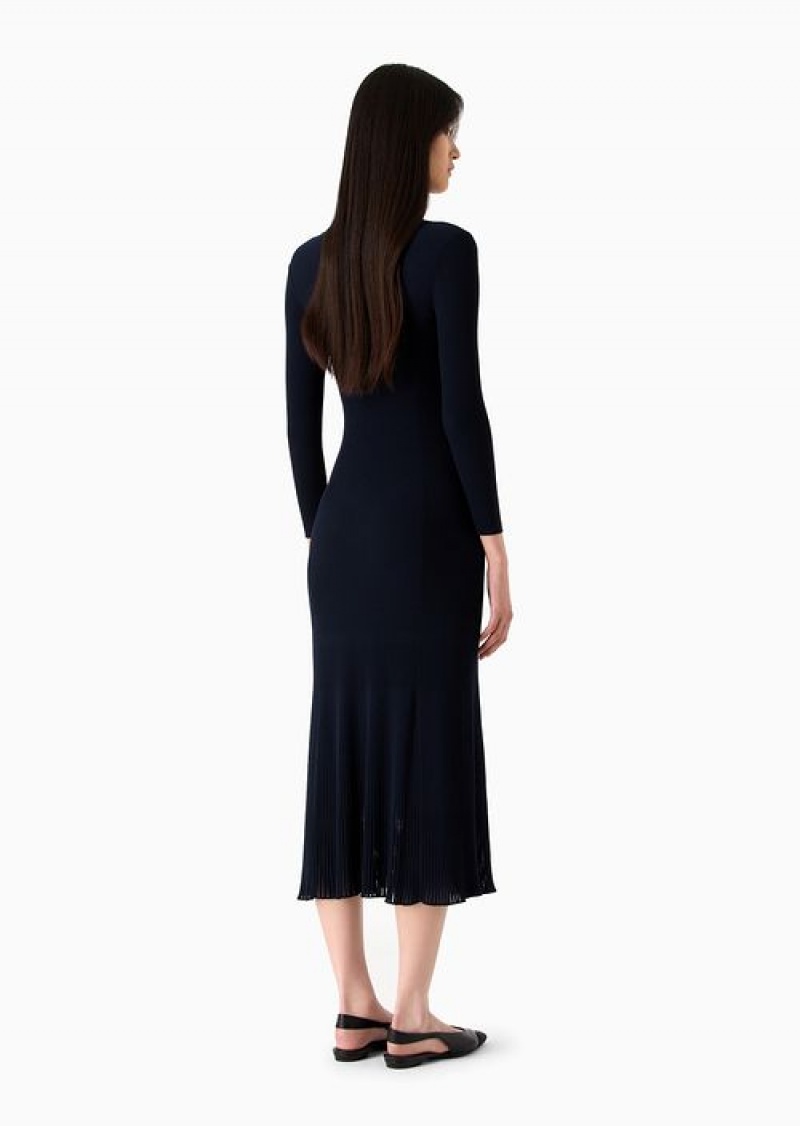 Navy Blue Emporio Armani Rib-knit Long Fishtail Dress With Peephole | EA-SN56507