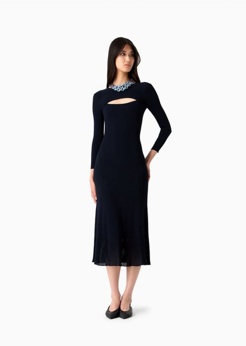 Navy Blue Emporio Armani Rib-knit Long Fishtail Dress With Peephole | EA-SN56507