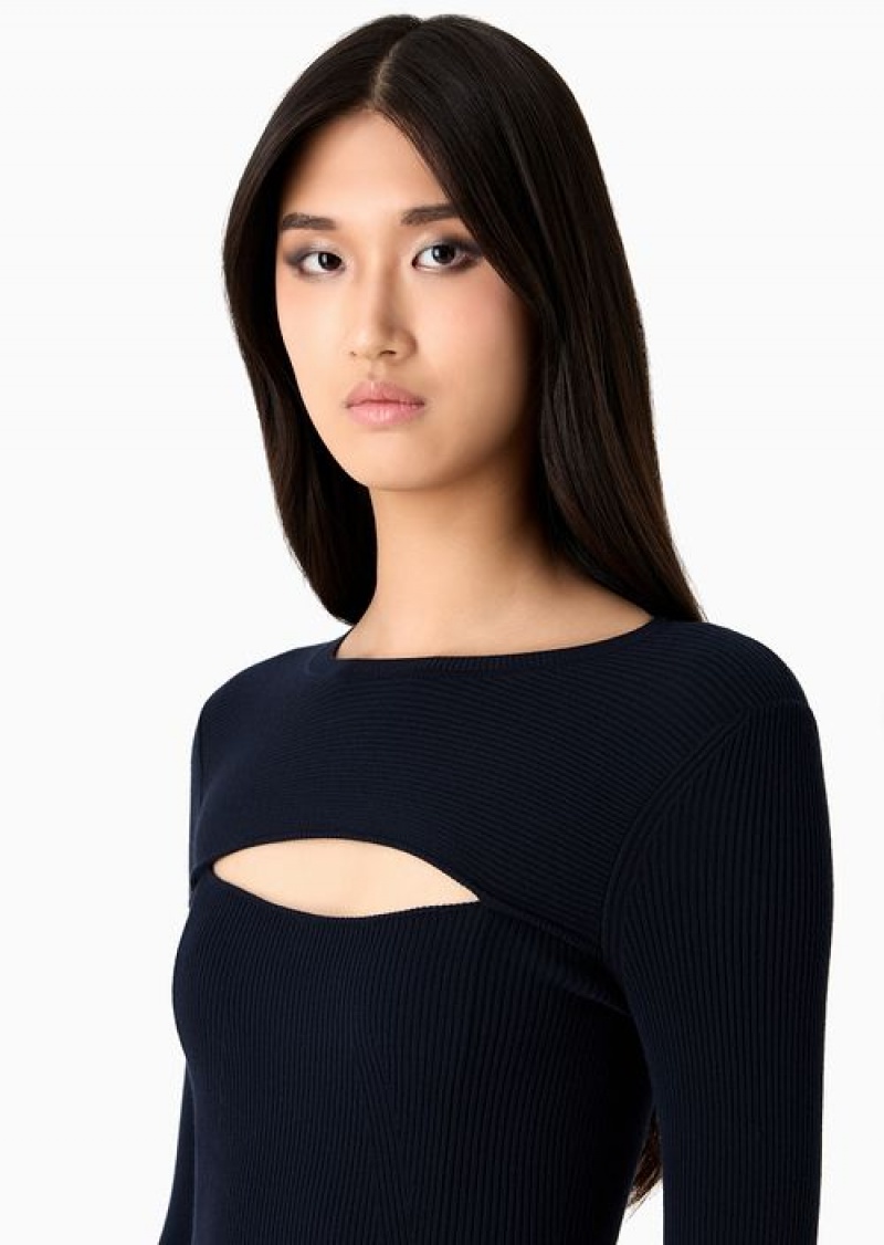 Navy Blue Emporio Armani Rib-knit Long Fishtail Dress With Peephole | EA-SN56507