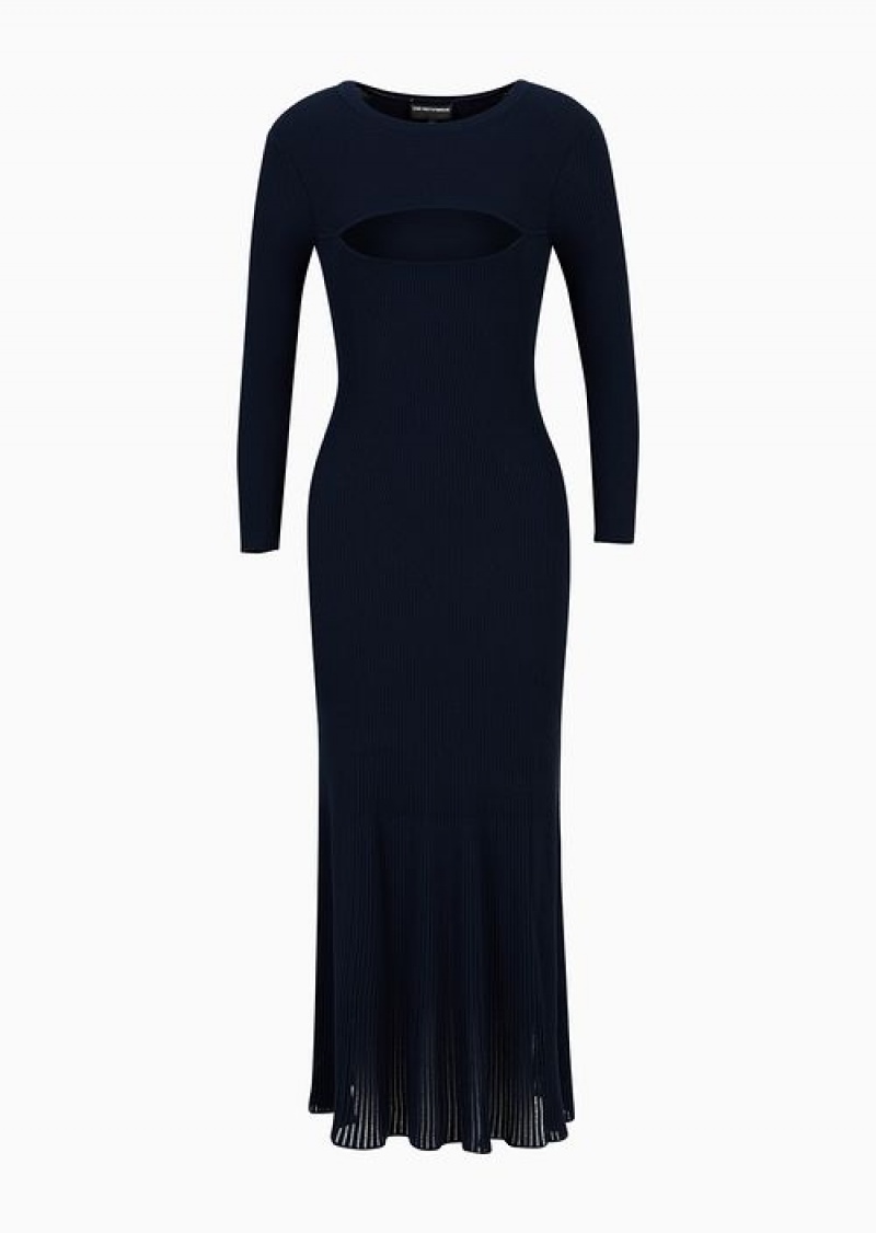 Navy Blue Emporio Armani Rib-knit Long Fishtail Dress With Peephole | EA-SN56507