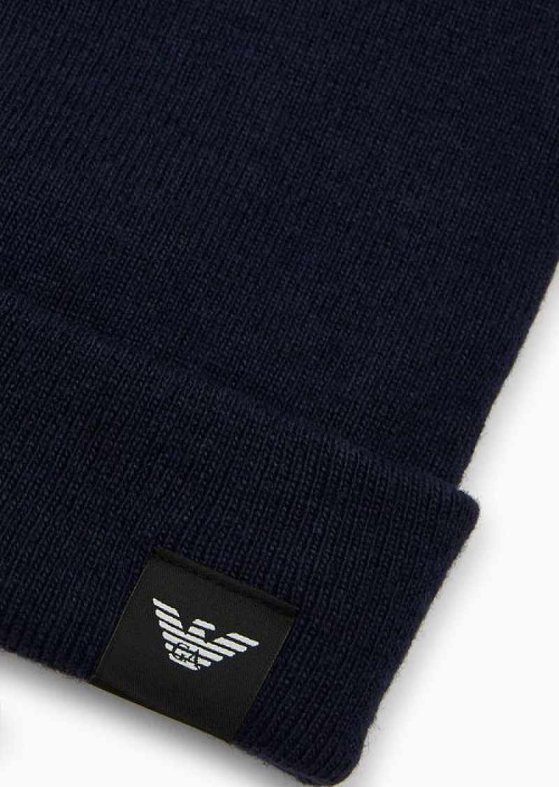 Navy Blue Emporio Armani Rib-knit Wool-blend Beanie | EA-SN59198