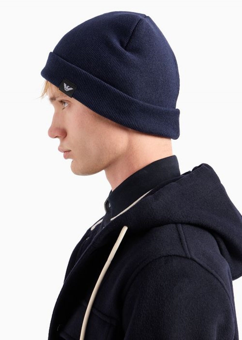 Navy Blue Emporio Armani Rib-knit Wool-blend Beanie | EA-SN59198