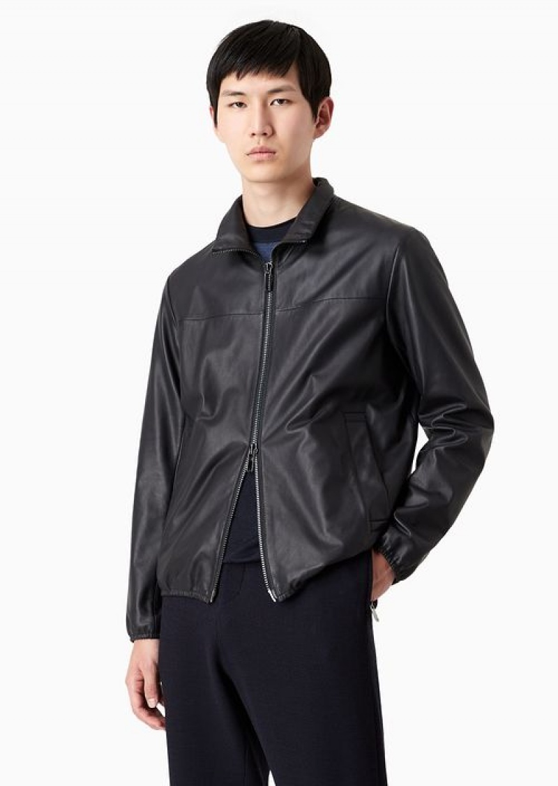 Navy Blue Emporio Armani Semi-aniline Nappa Lambskin Blouson With Full-length Zip | EA-SN58156