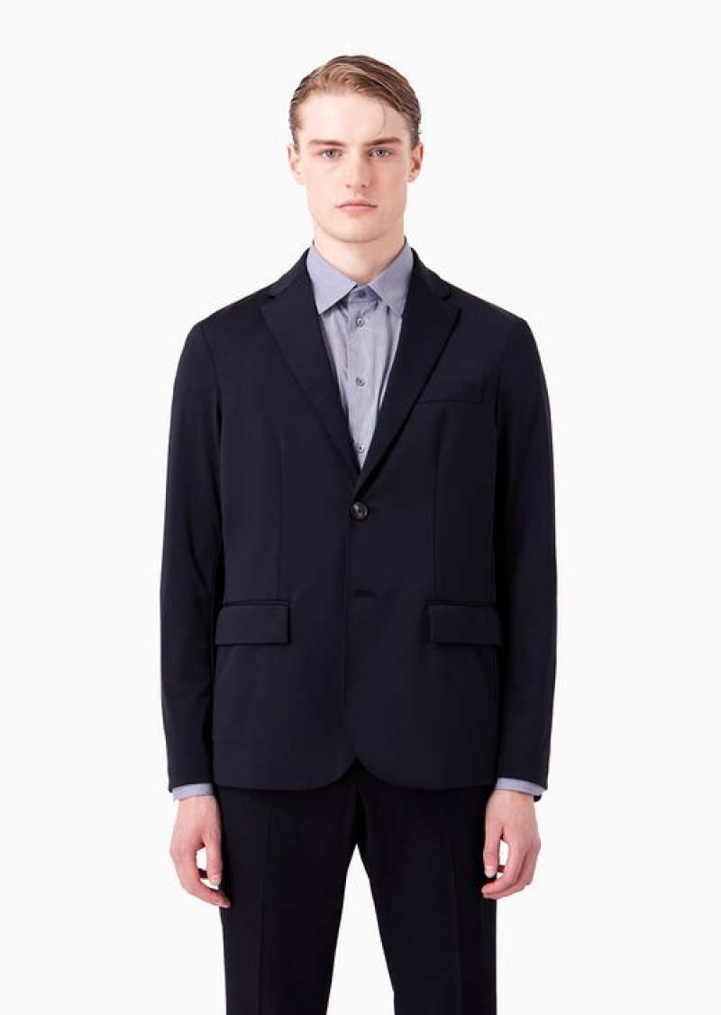 Navy Blue Emporio Armani Single-breasted Blazer In Two-way Stretch Technical Jersey | EA-SN57784