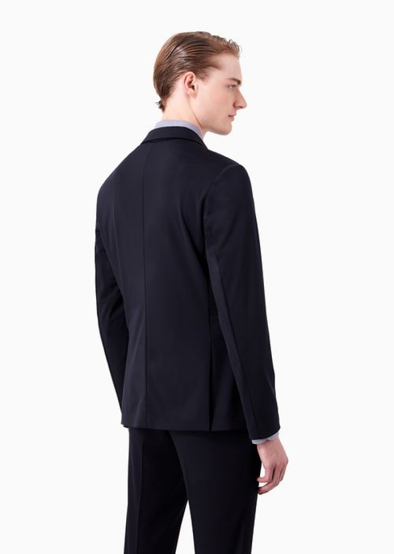 Navy Blue Emporio Armani Single-breasted Blazer In Two-way Stretch Technical Jersey | EA-SN57784