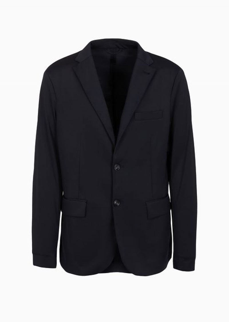 Navy Blue Emporio Armani Single-breasted Blazer In Two-way Stretch Technical Jersey | EA-SN57784