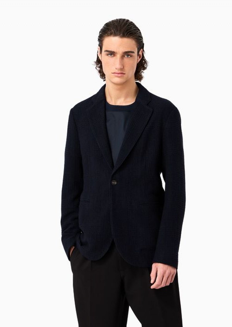 Navy Blue Emporio Armani Single-breasted Jacket In A 3d-effect Prince Of Wales Check Virgin-wool Blend Bouclé Fabric | EA-SN57800