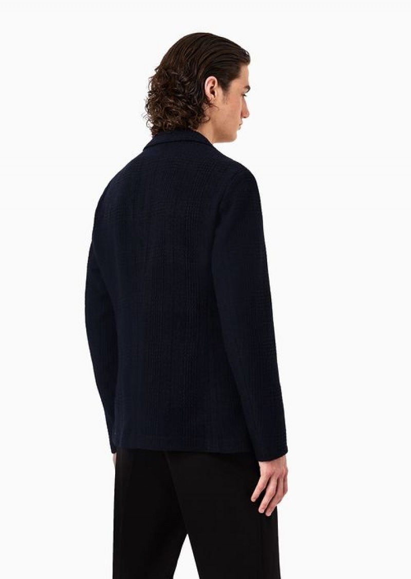 Navy Blue Emporio Armani Single-breasted Jacket In A 3d-effect Prince Of Wales Check Virgin-wool Blend Bouclé Fabric | EA-SN57800