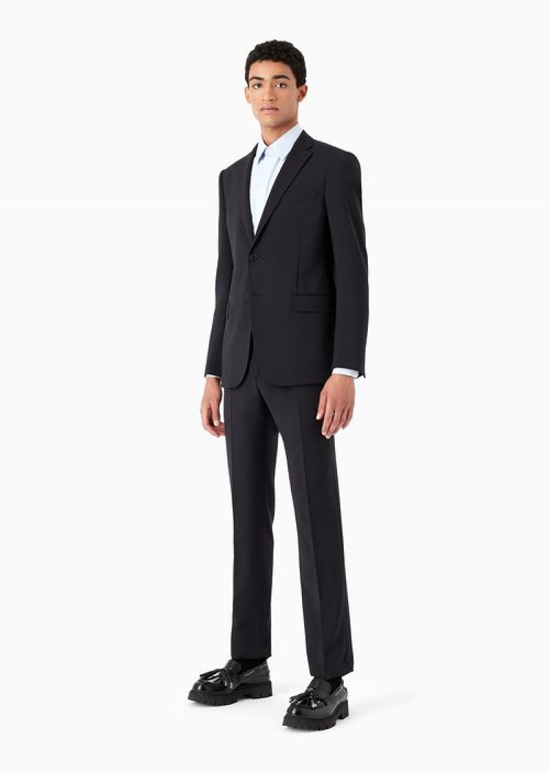 Navy Blue Emporio Armani Single-breasted, Slim-fit Suit In Natural Stretch Light Wool | EA-SN58475