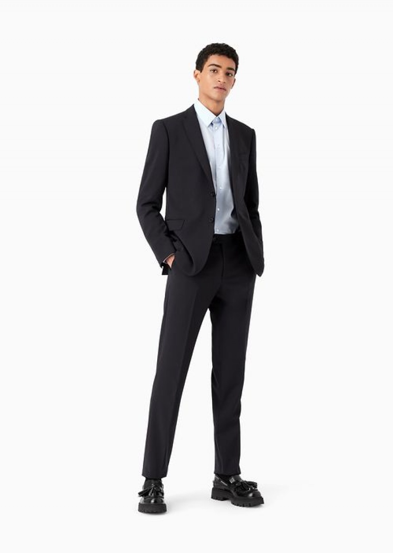 Navy Blue Emporio Armani Single-breasted, Slim-fit Suit In Natural Stretch Light Wool | EA-SN58475