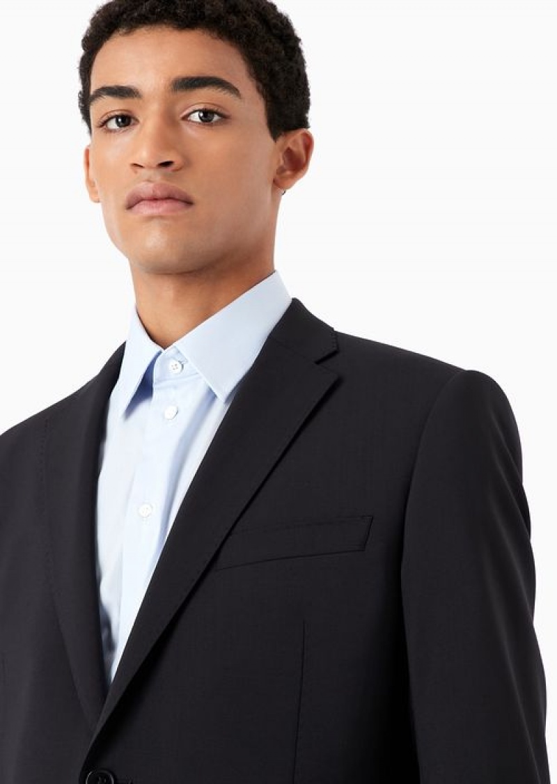 Navy Blue Emporio Armani Single-breasted, Slim-fit Suit In Natural Stretch Light Wool | EA-SN58475