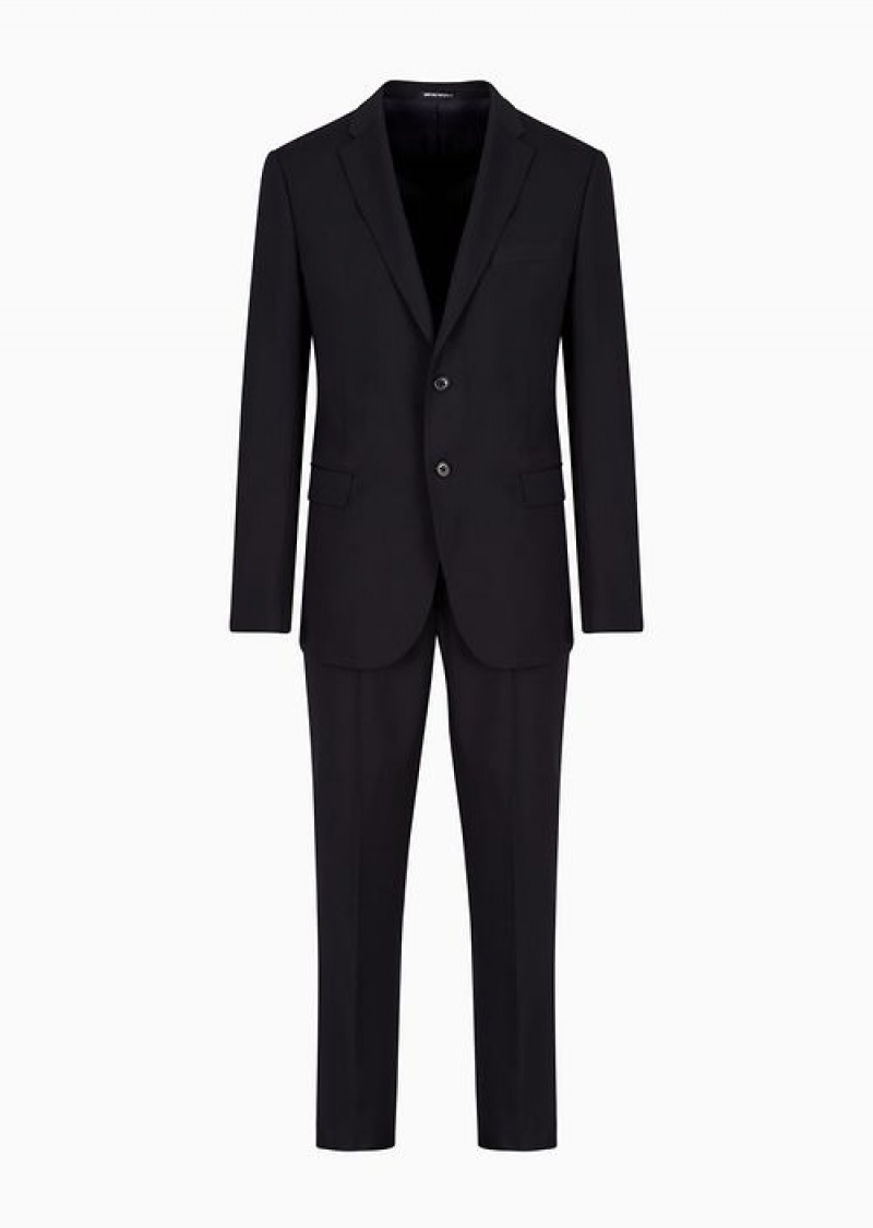 Navy Blue Emporio Armani Single-breasted, Slim-fit Suit In Natural Stretch Light Wool | EA-SN58475