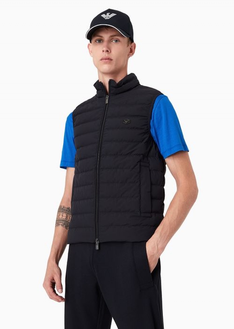 Navy Blue Emporio Armani Sleeveless Full-zip Down Jacket In Quilted Nylon With Eagle Logo Patch | EA-SN58244