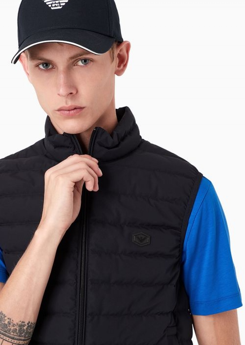 Navy Blue Emporio Armani Sleeveless Full-zip Down Jacket In Quilted Nylon With Eagle Logo Patch | EA-SN58244