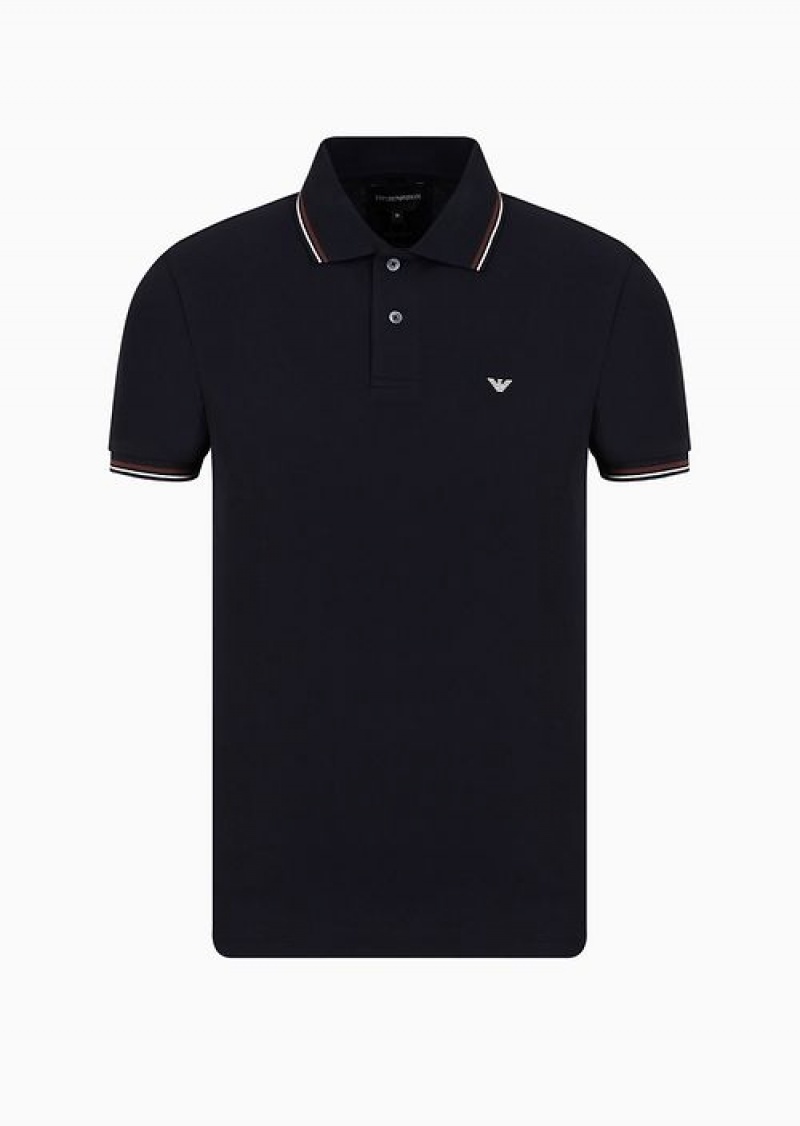 Navy Blue Emporio Armani Slim-fit Stretch Piqué Polo Shirt With Micro Eagle | EA-SN58452