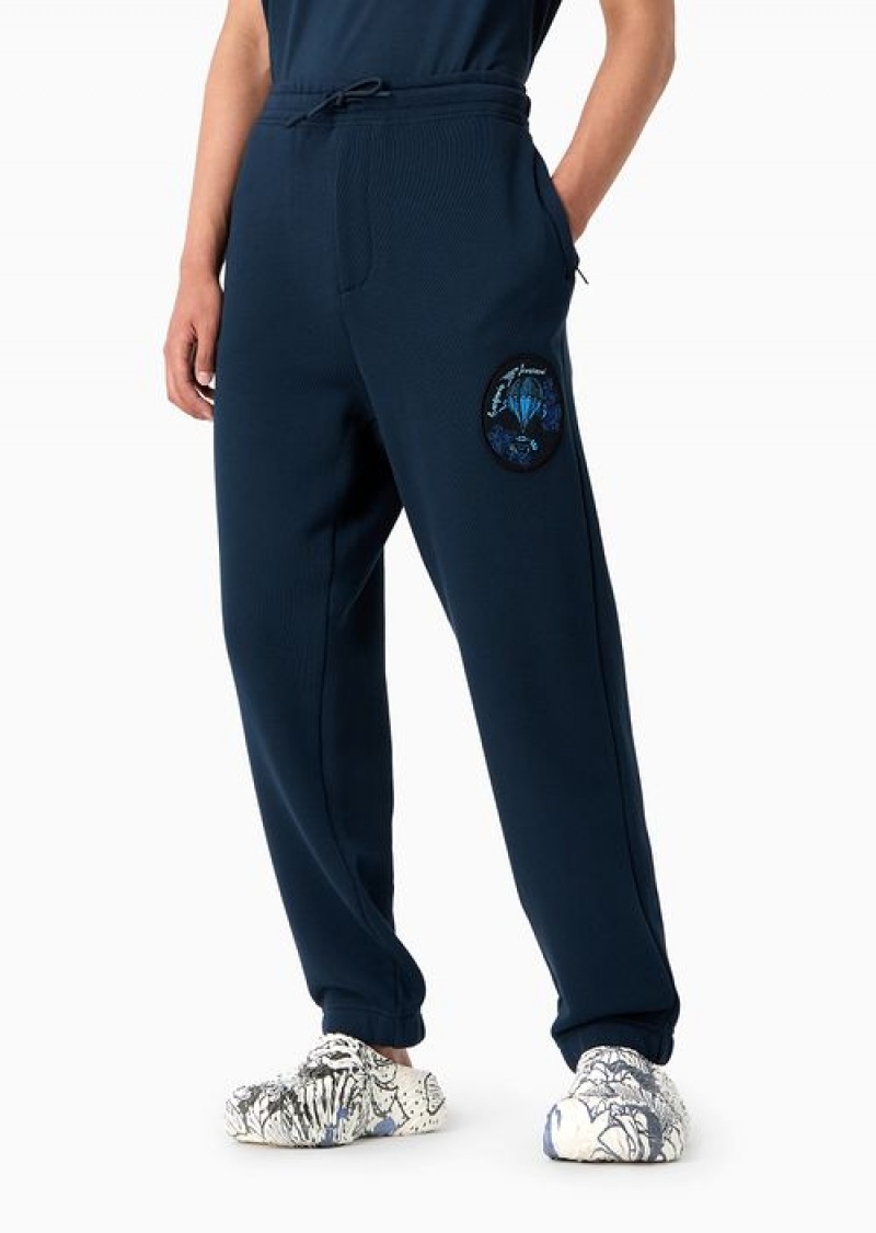 Navy Blue Emporio Armani Soft Twill Joggers With Resort Capsule Collection Patch | EA-SN58290