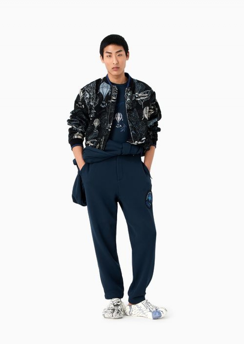 Navy Blue Emporio Armani Soft Twill Joggers With Resort Capsule Collection Patch | EA-SN58290