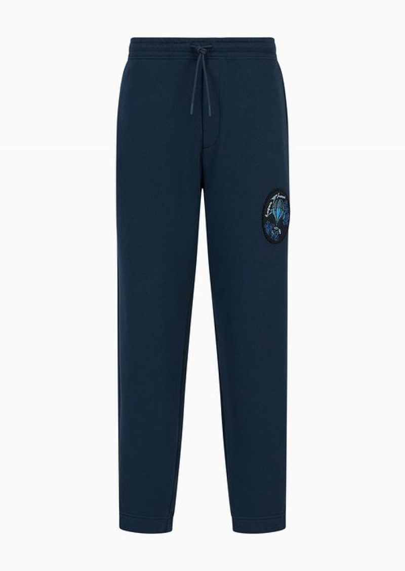 Navy Blue Emporio Armani Soft Twill Joggers With Resort Capsule Collection Patch | EA-SN58290