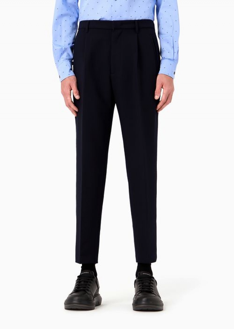 Navy Blue Emporio Armani Soft Viscose Blend Trousers With Darts And Welt Pockets | EA-SN58333