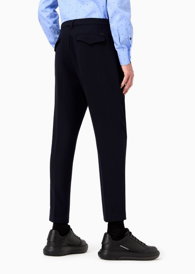 Navy Blue Emporio Armani Soft Viscose Blend Trousers With Darts And Welt Pockets | EA-SN58333