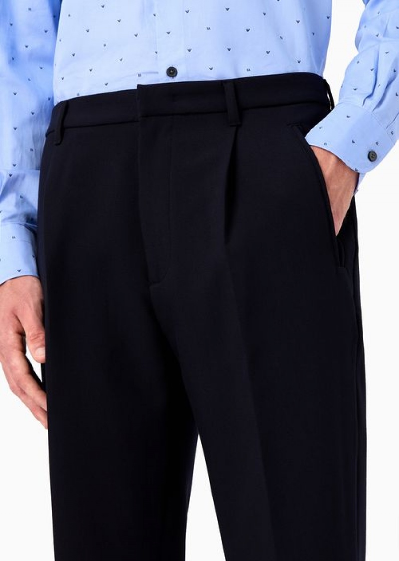 Navy Blue Emporio Armani Soft Viscose Blend Trousers With Darts And Welt Pockets | EA-SN58333