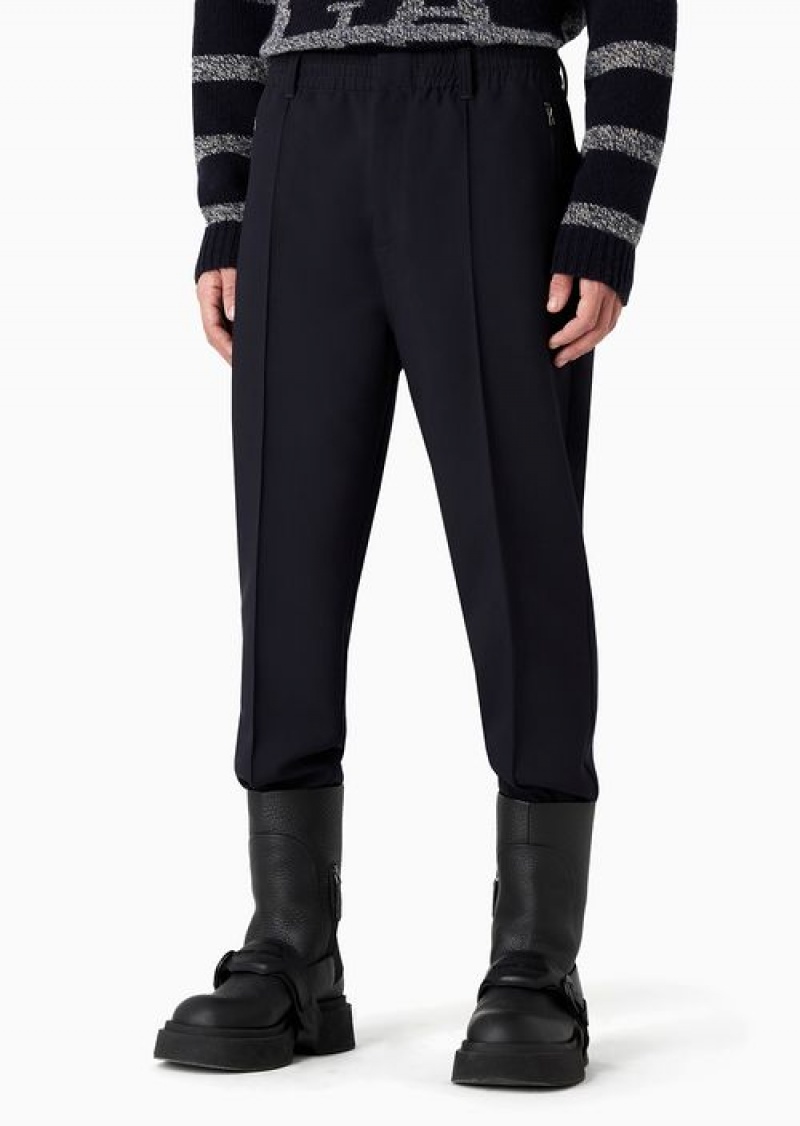 Navy Blue Emporio Armani Soft Viscose-blend Trousers With Central Ribs And Elasticated Hem | EA-SN58340