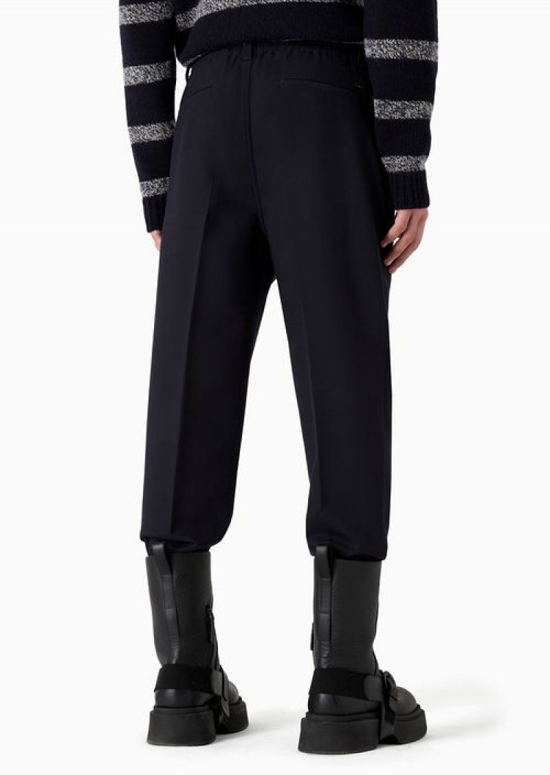 Navy Blue Emporio Armani Soft Viscose-blend Trousers With Central Ribs And Elasticated Hem | EA-SN58340