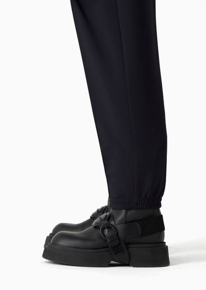 Navy Blue Emporio Armani Soft Viscose-blend Trousers With Central Ribs And Elasticated Hem | EA-SN58340