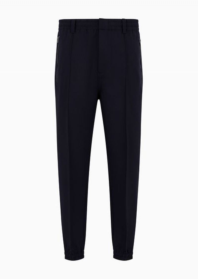 Navy Blue Emporio Armani Soft Viscose-blend Trousers With Central Ribs And Elasticated Hem | EA-SN58340