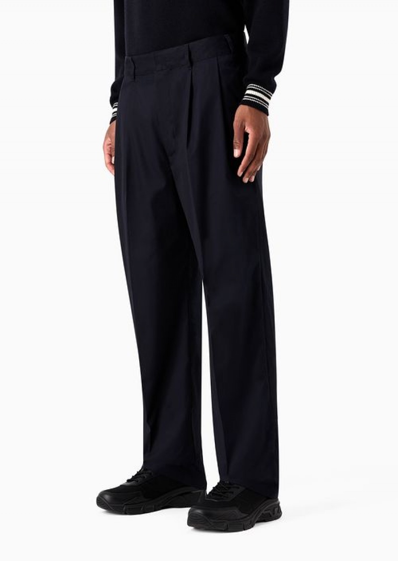 Navy Blue Emporio Armani Soft-touch Pima-cotton Gabardine Trousers With Darts | EA-SN58318