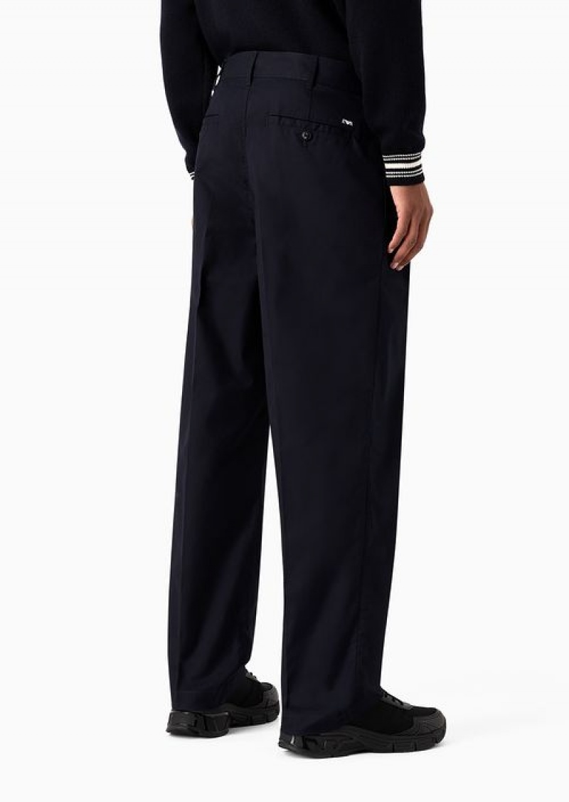 Navy Blue Emporio Armani Soft-touch Pima-cotton Gabardine Trousers With Darts | EA-SN58318